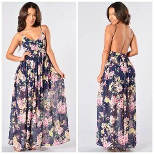 Miss Avenue Hydrangeas Floral Print Spring Chic Open Back Maxi Dress Navy Blue